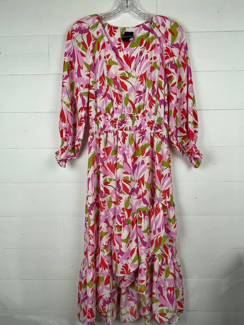 Maison Tara Abstract Floral Smocked Maxi Dress Long Sleeve V-Nck Pink Green Sz 6